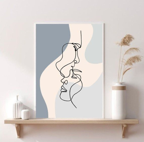 تابلو نقاشی مینیمال دو چهره عاشقانه با بک گراند آبی